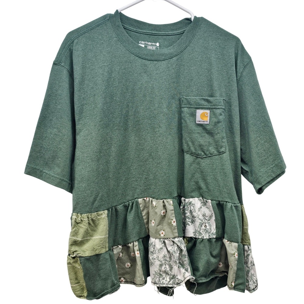 Carhartt Reworked Patchwork Peplum T-Shirt Green Floral Upcycled Women Large